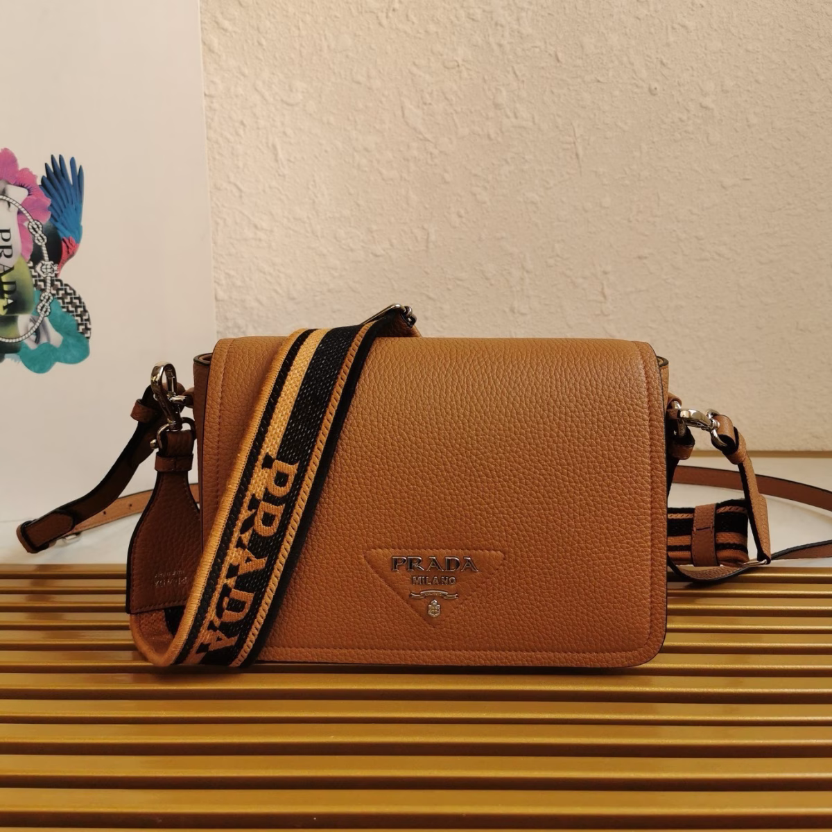 Prada Flap Shoulder Bag in Brown Grained Leather - Image 8