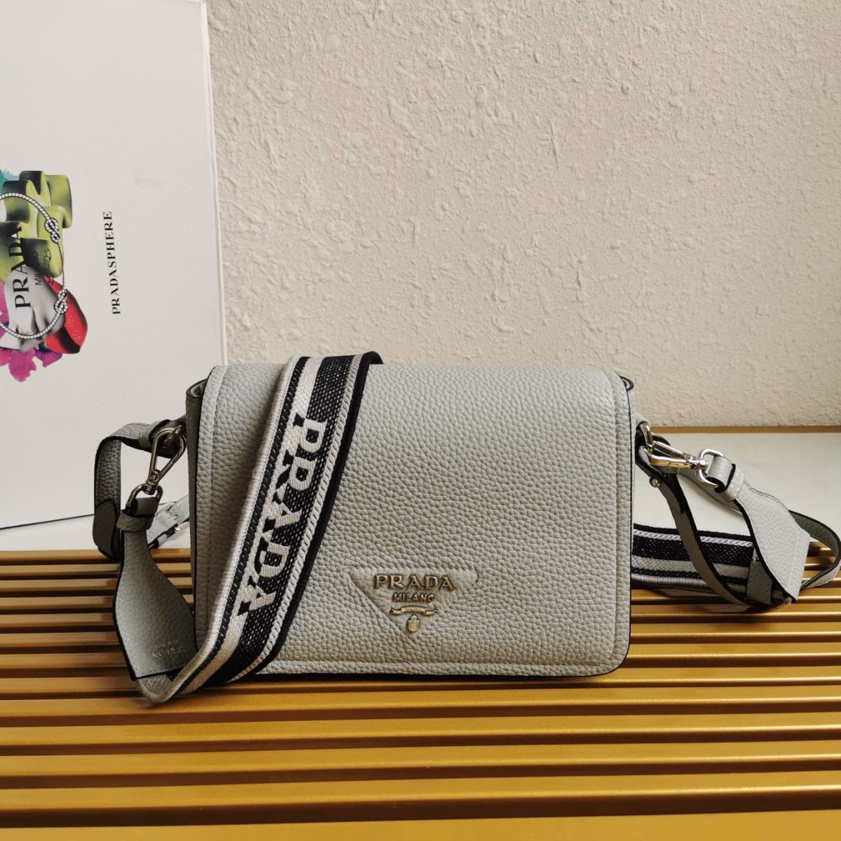 Prada Flap Shoulder Bag in Cornflower Grained Leather - Image 7