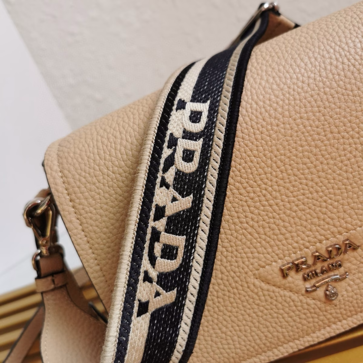Prada Flap Shoulder Bag in Sand Grained Leather - Image 8