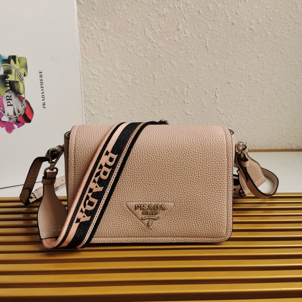 Prada Flap Shoulder Bag in Light Pink Grained Leather - Image 6