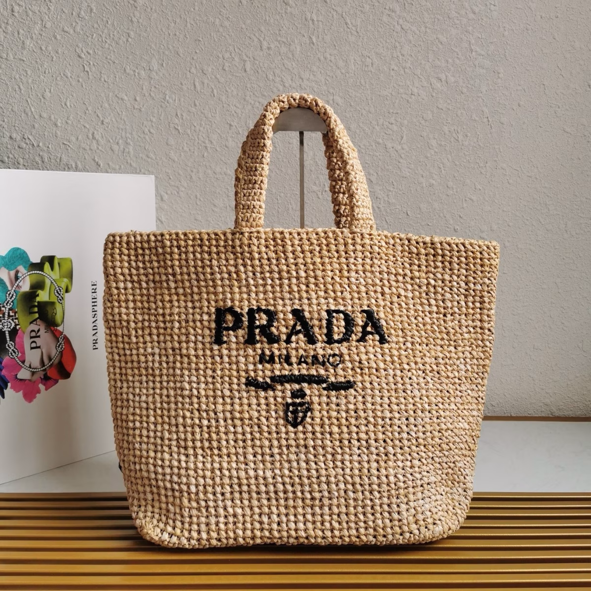 Prada Large Crochet Tote Bag in Beige Raffia-effect Yarn - Image 8