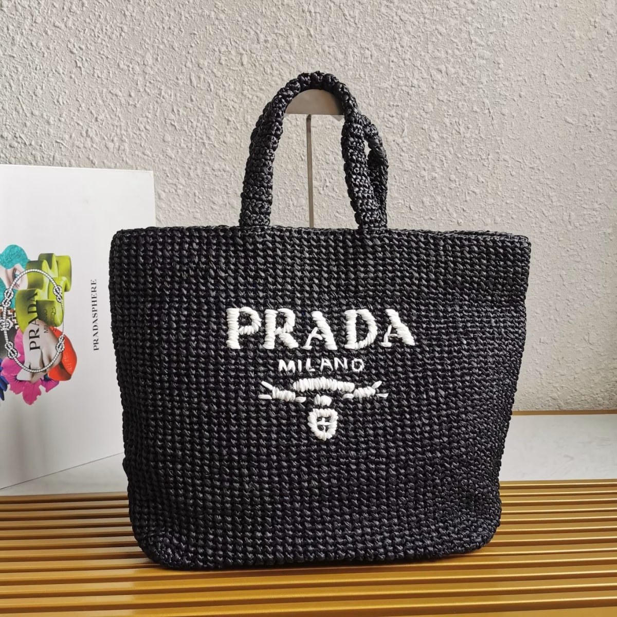 Prada Large Crochet Tote Bag in Black Raffia-effect Yarn - Image 6