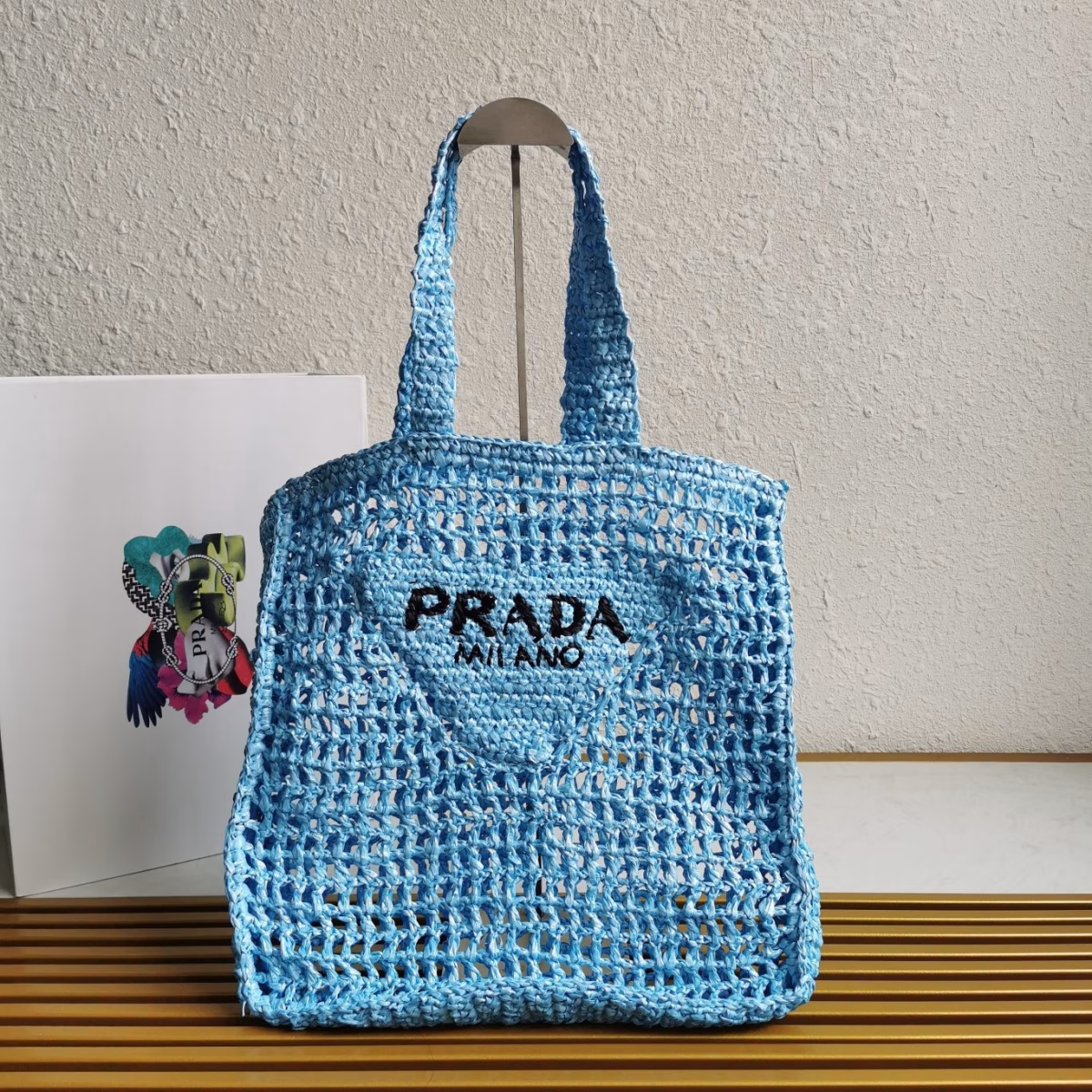 Prada Small Tote Bag In Blue Woven Raffia - Image 2