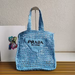 Prada Small Tote Bag In Blue Woven Raffia - Image 2