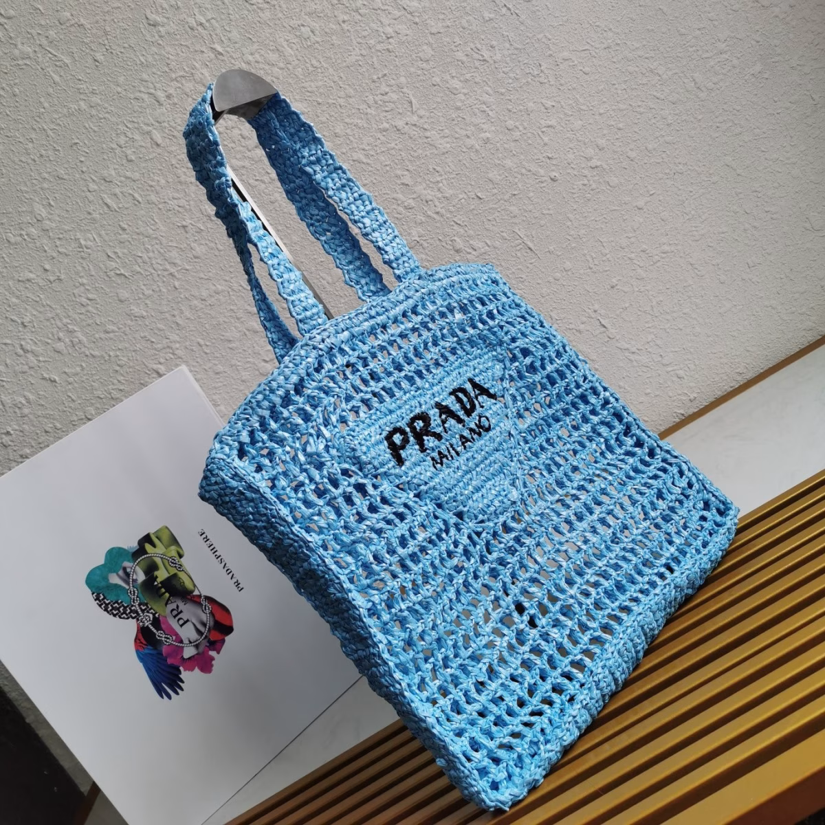 Prada Small Tote Bag In Blue Woven Raffia - Image 6