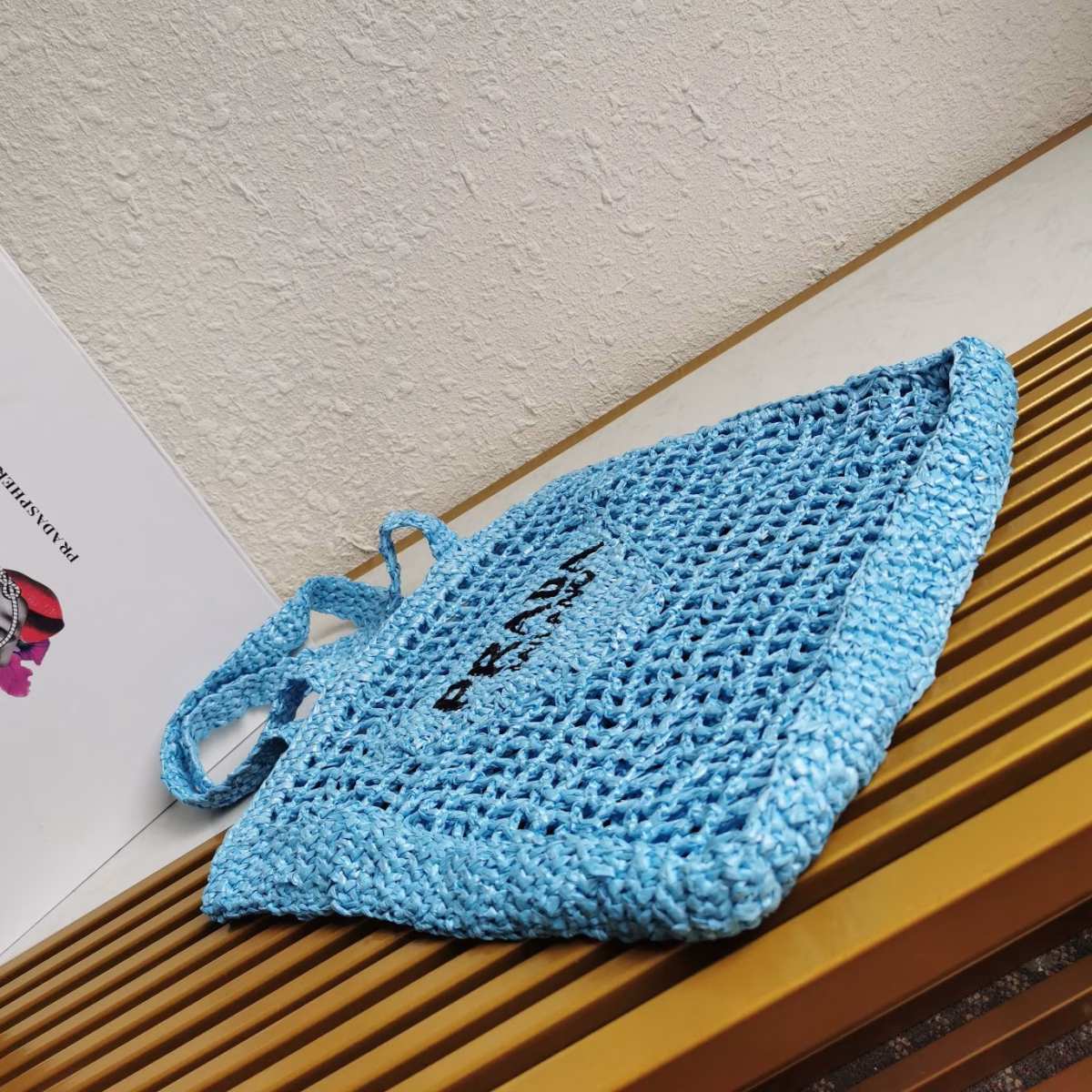 Prada Small Tote Bag In Blue Woven Raffia - Image 10