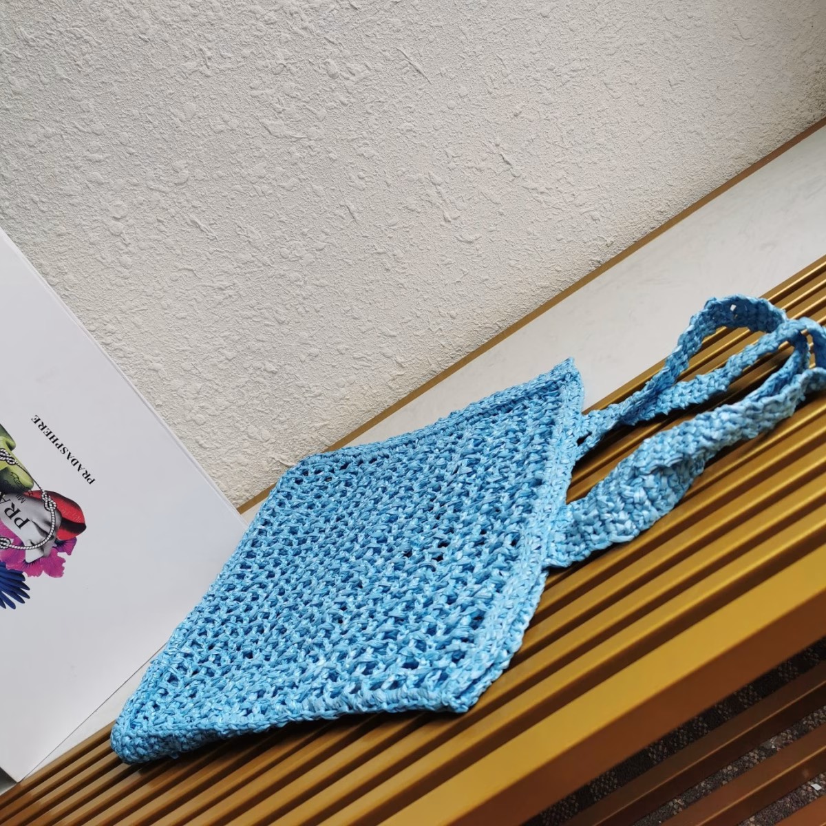 Prada Small Tote Bag In Blue Woven Raffia - Image 8