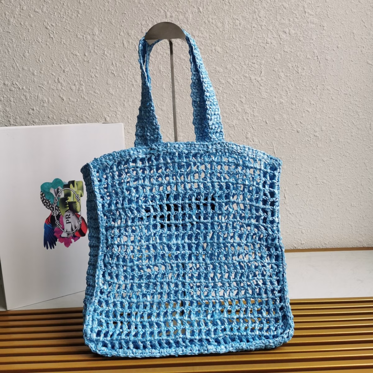 Prada Small Tote Bag In Blue Woven Raffia - Image 4