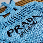 Prada Small Tote Bag In Blue Woven Raffia - Image 3