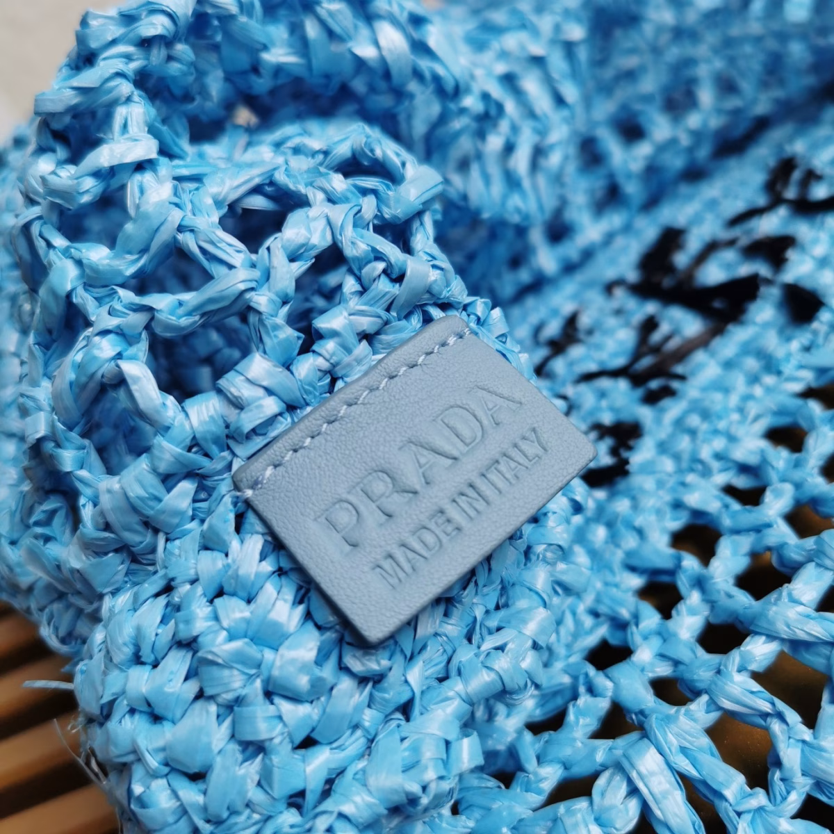 Prada Small Tote Bag In Blue Woven Raffia - Image 9