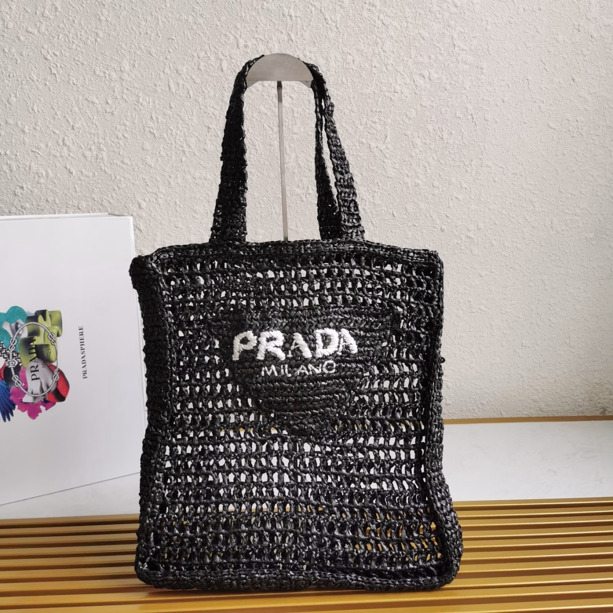 Prada Small Tote Bag In Black Woven Raffia - Image 7