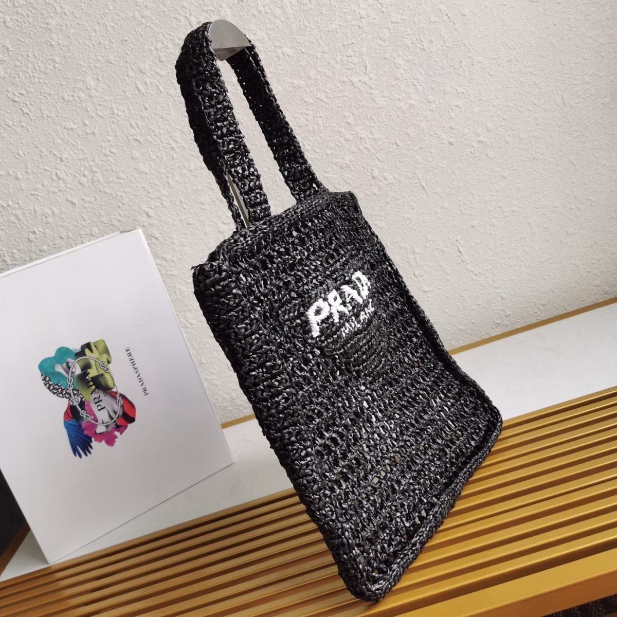 Prada Small Tote Bag In Black Woven Raffia - Image 10