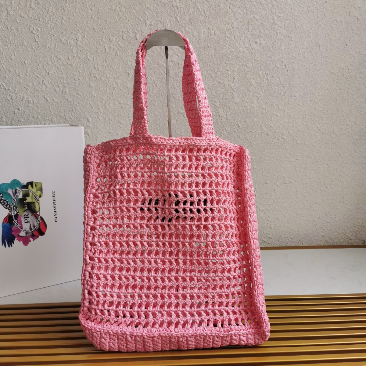 Prada Small Tote Bag In Pink Woven Raffia - Image 4