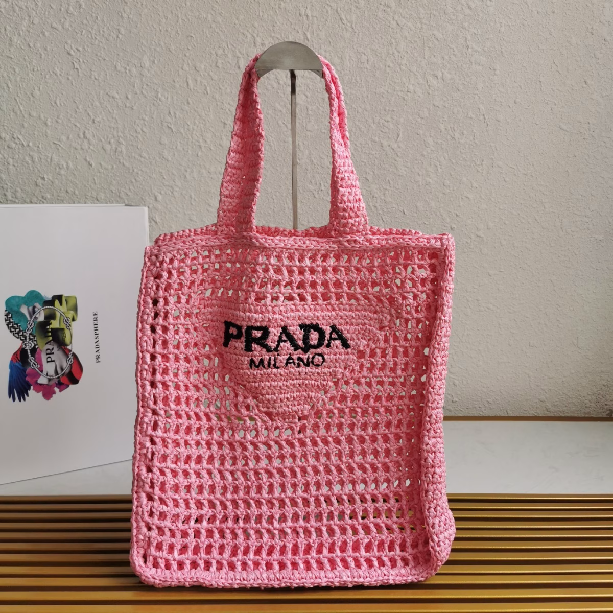 Prada Small Tote Bag In Pink Woven Raffia - Image 10
