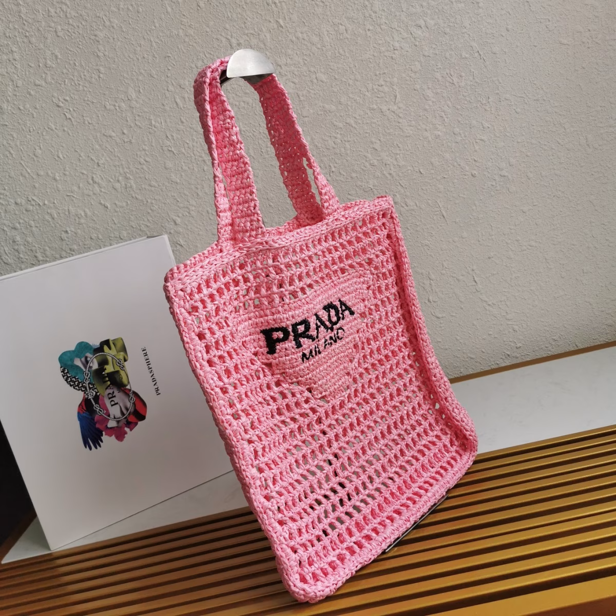Prada Small Tote Bag In Pink Woven Raffia - Image 5
