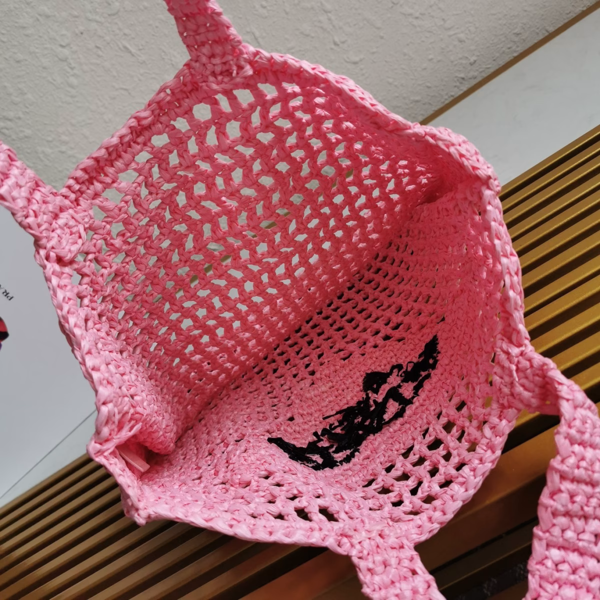Prada Small Tote Bag In Pink Woven Raffia - Image 2