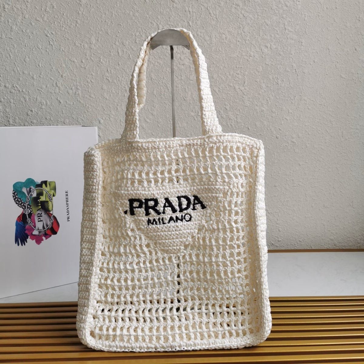 Prada Small Tote Bag In White Woven Raffia - Image 9