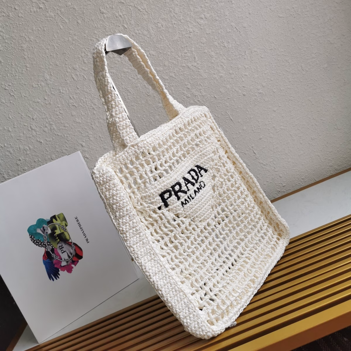Prada Small Tote Bag In White Woven Raffia - Image 5