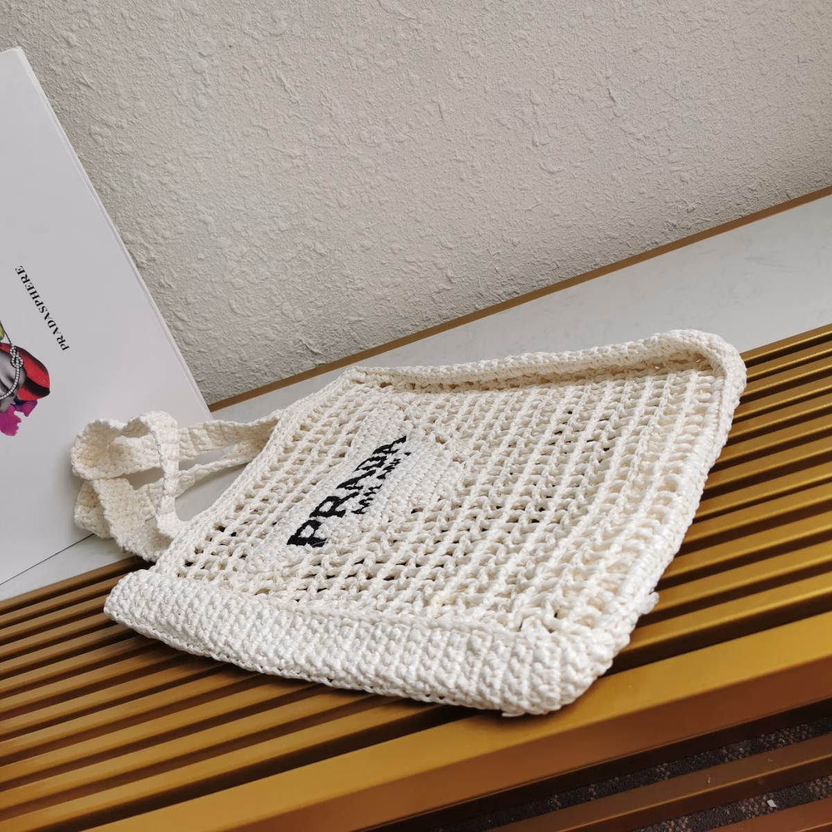 Prada Small Tote Bag In White Woven Raffia - Image 6