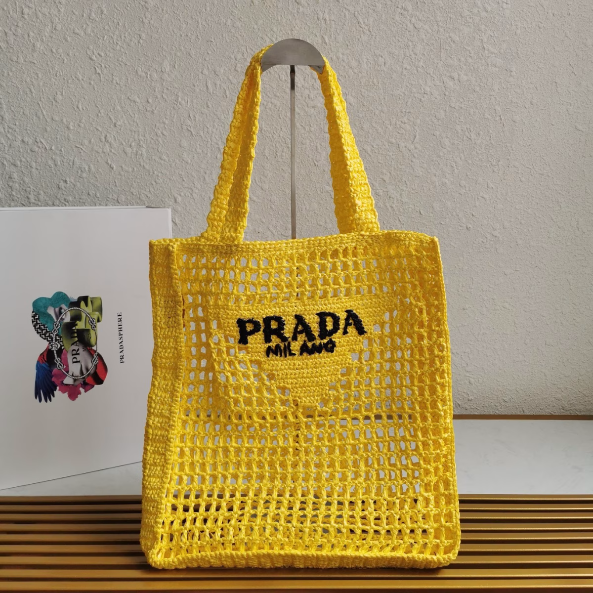 Prada Small Tote Bag In Yellow Woven Raffia - Image 10