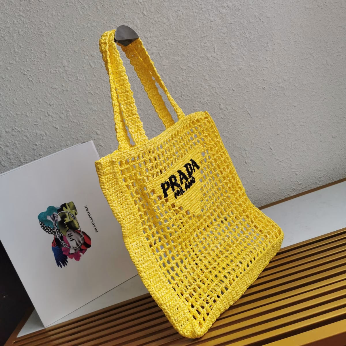 Prada Small Tote Bag In Yellow Woven Raffia - Image 5