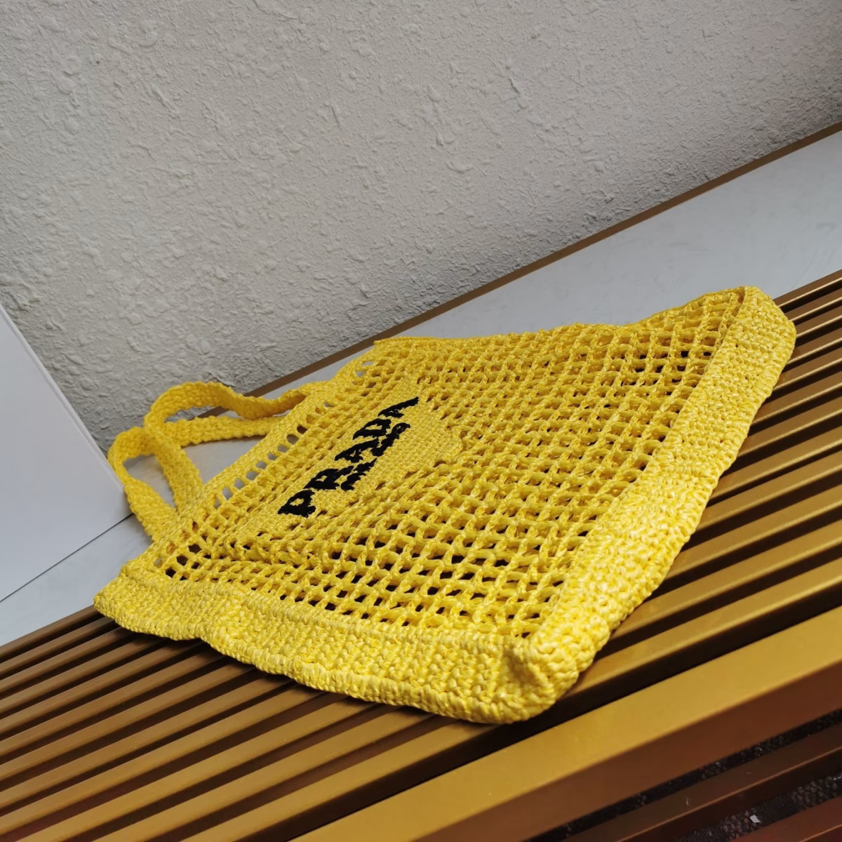 Prada Small Tote Bag In Yellow Woven Raffia - Image 6