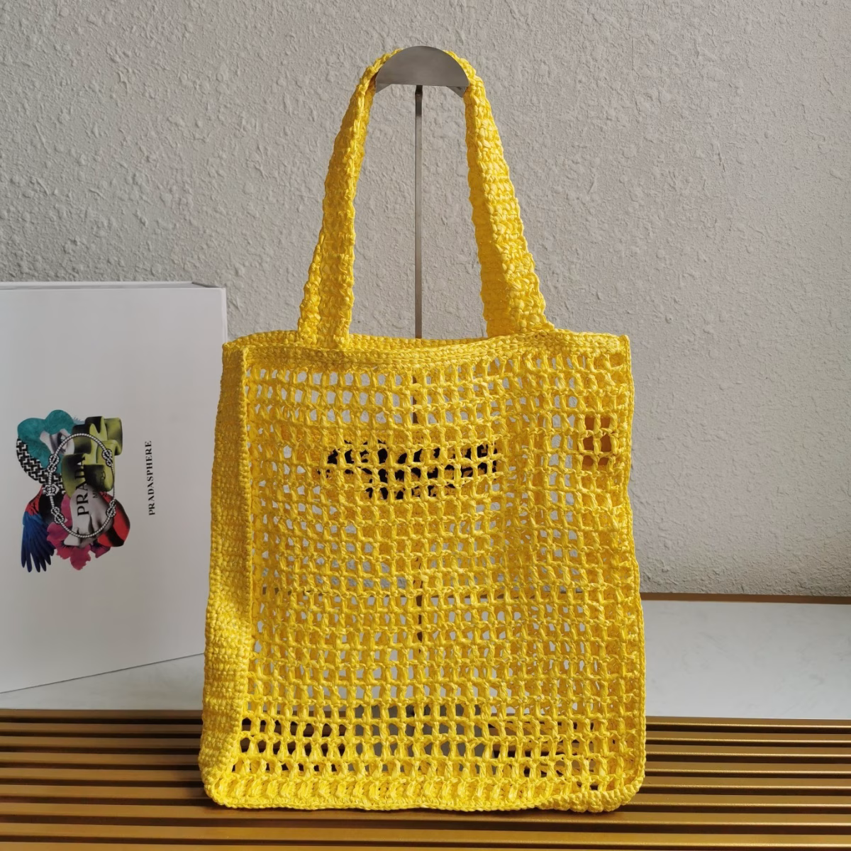Prada Small Tote Bag In Yellow Woven Raffia - Image 2