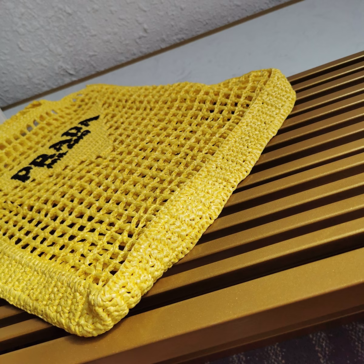 Prada Small Tote Bag In Yellow Woven Raffia - Image 9