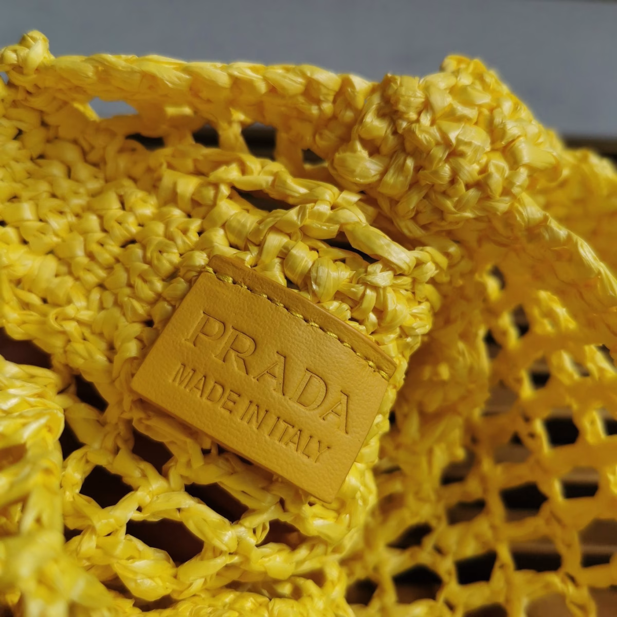 Prada Small Tote Bag In Yellow Woven Raffia - Image 3