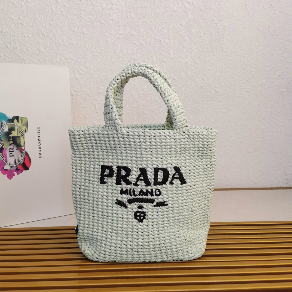 Prada Small Crochet Tote Bag in Aqua Raffia-effect Yarn - Image 10