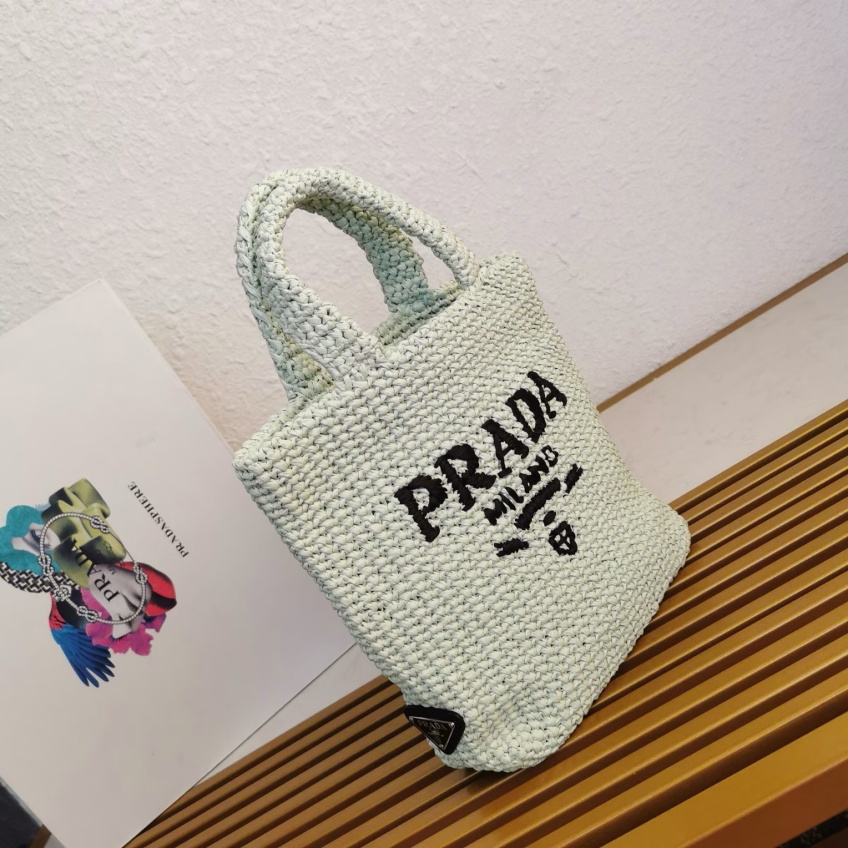 Prada Small Crochet Tote Bag in Aqua Raffia-effect Yarn - Image 4