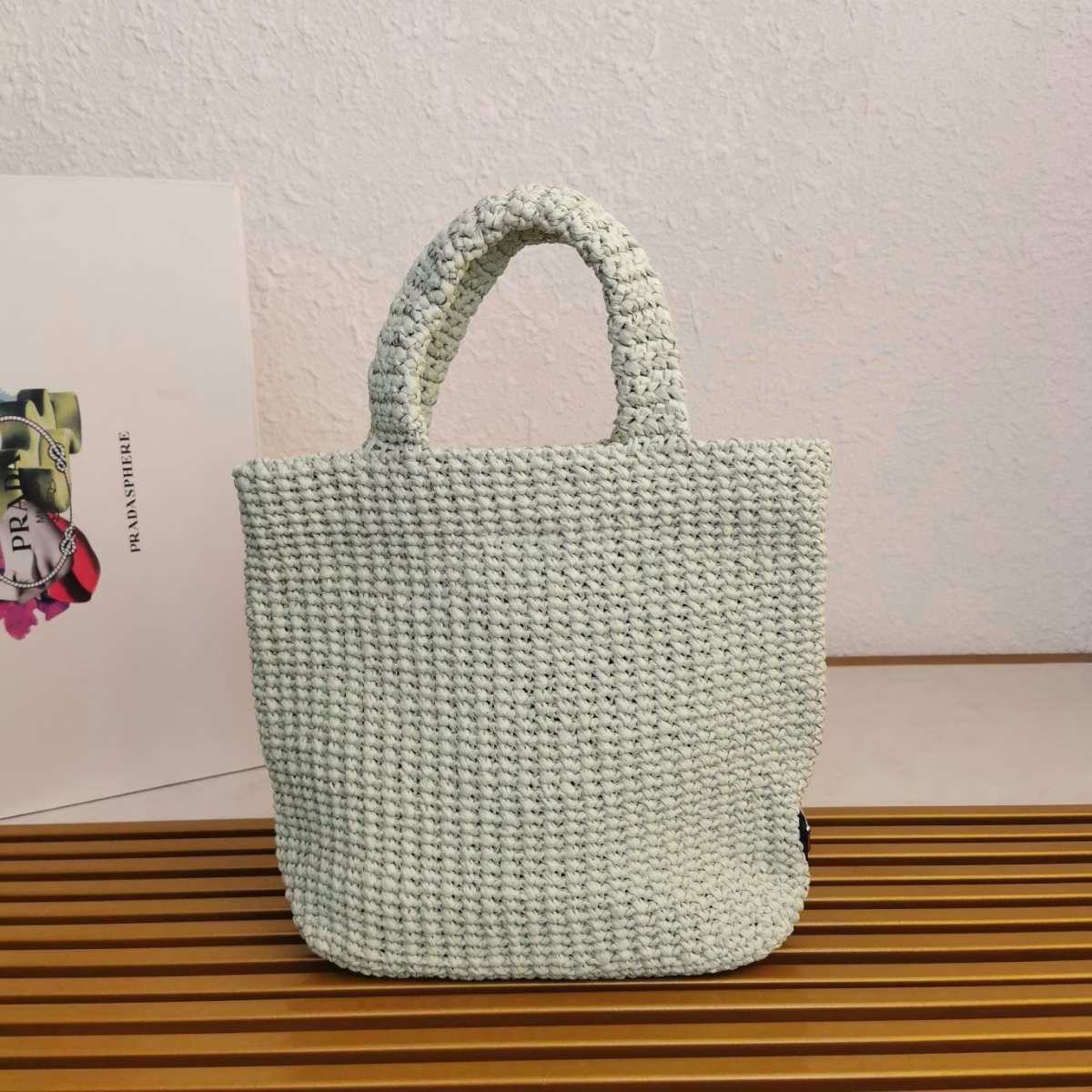 Prada Small Crochet Tote Bag in Aqua Raffia-effect Yarn - Image 2