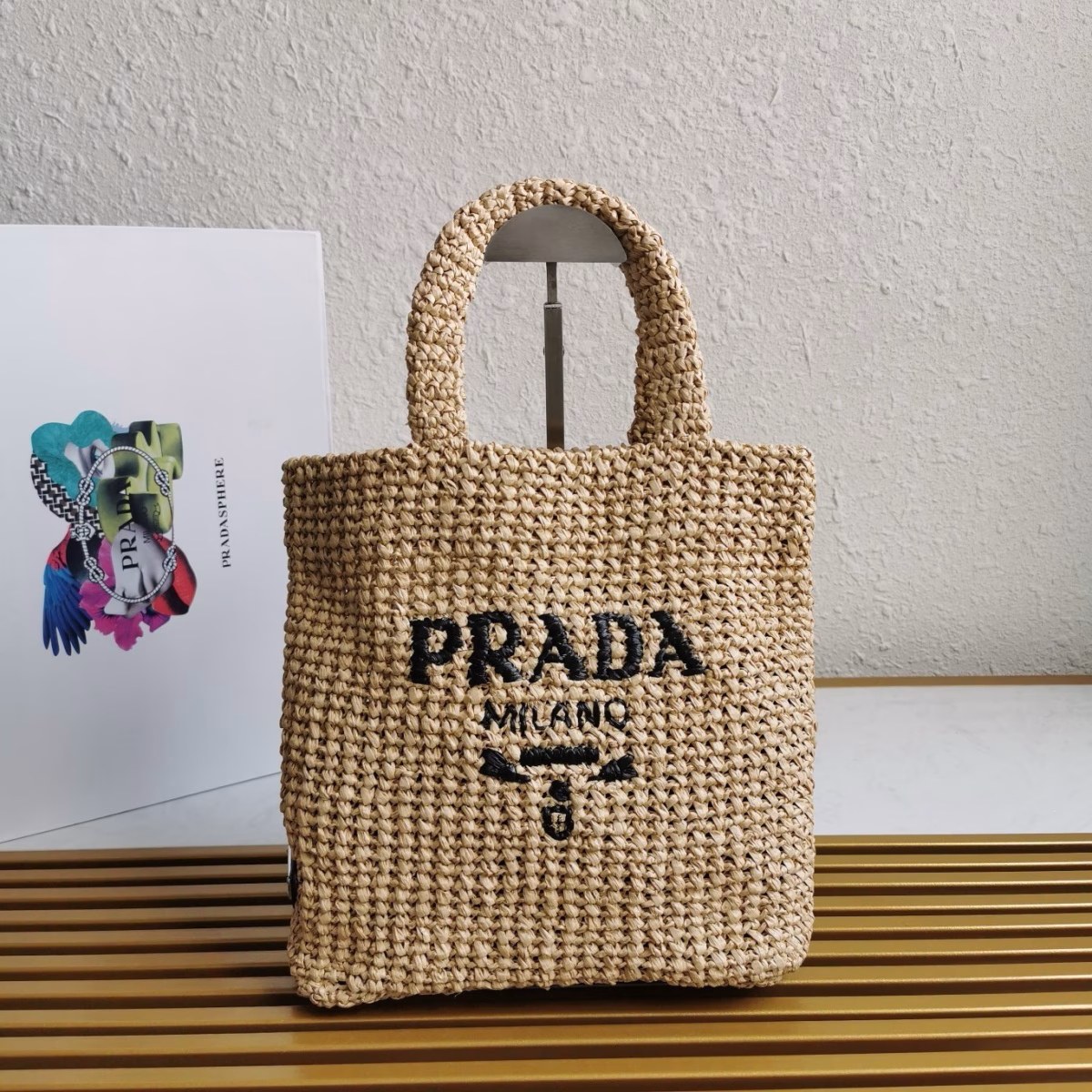 Prada Small Crochet Tote Bag in Beige Raffia-effect Yarn - Image 6