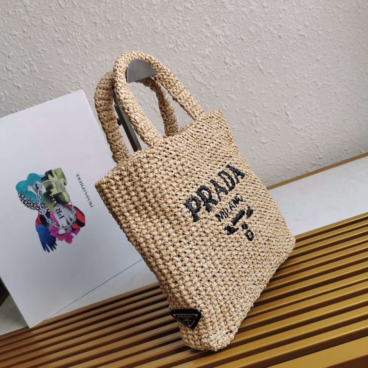 Prada Small Crochet Tote Bag in Beige Raffia-effect Yarn - Image 7