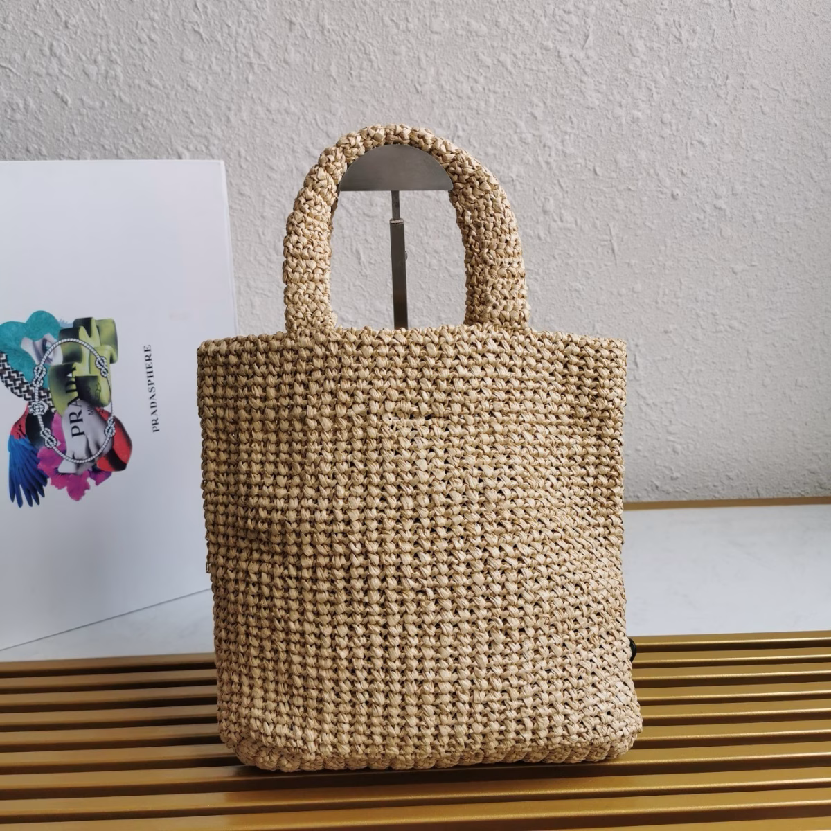 Prada Small Crochet Tote Bag in Beige Raffia-effect Yarn - Image 2