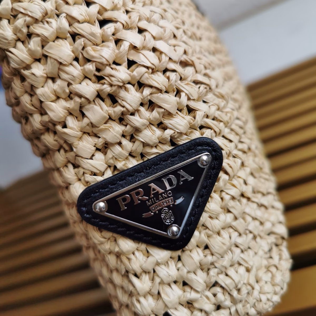 Prada Small Crochet Tote Bag in Beige Raffia-effect Yarn - Image 4