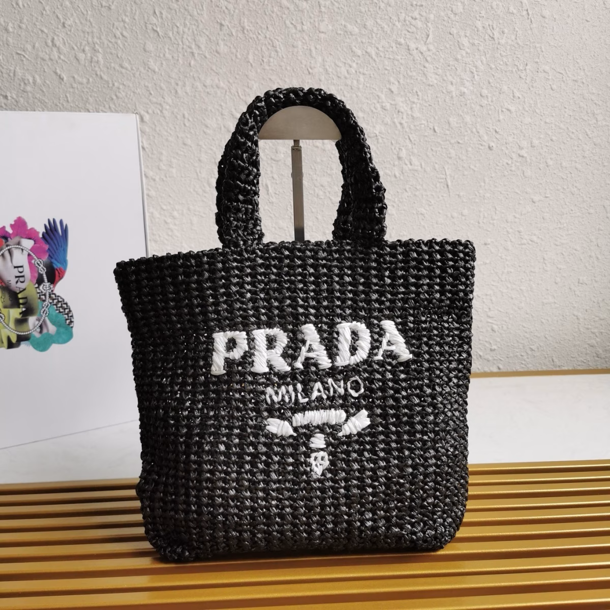 Prada Small Crochet Tote Bag in Black Raffia-effect Yarn - Image 6