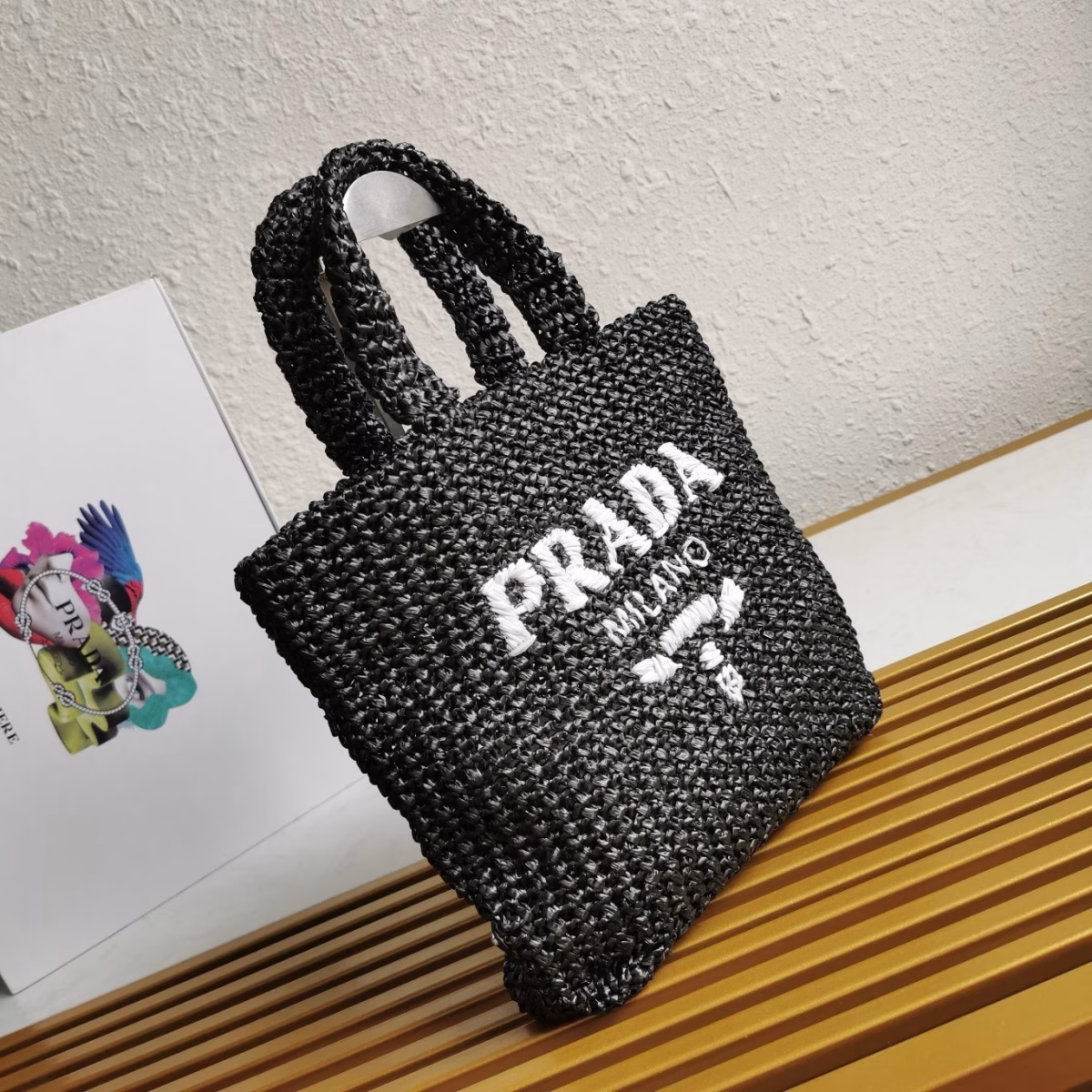 Prada Small Crochet Tote Bag in Black Raffia-effect Yarn - Image 7