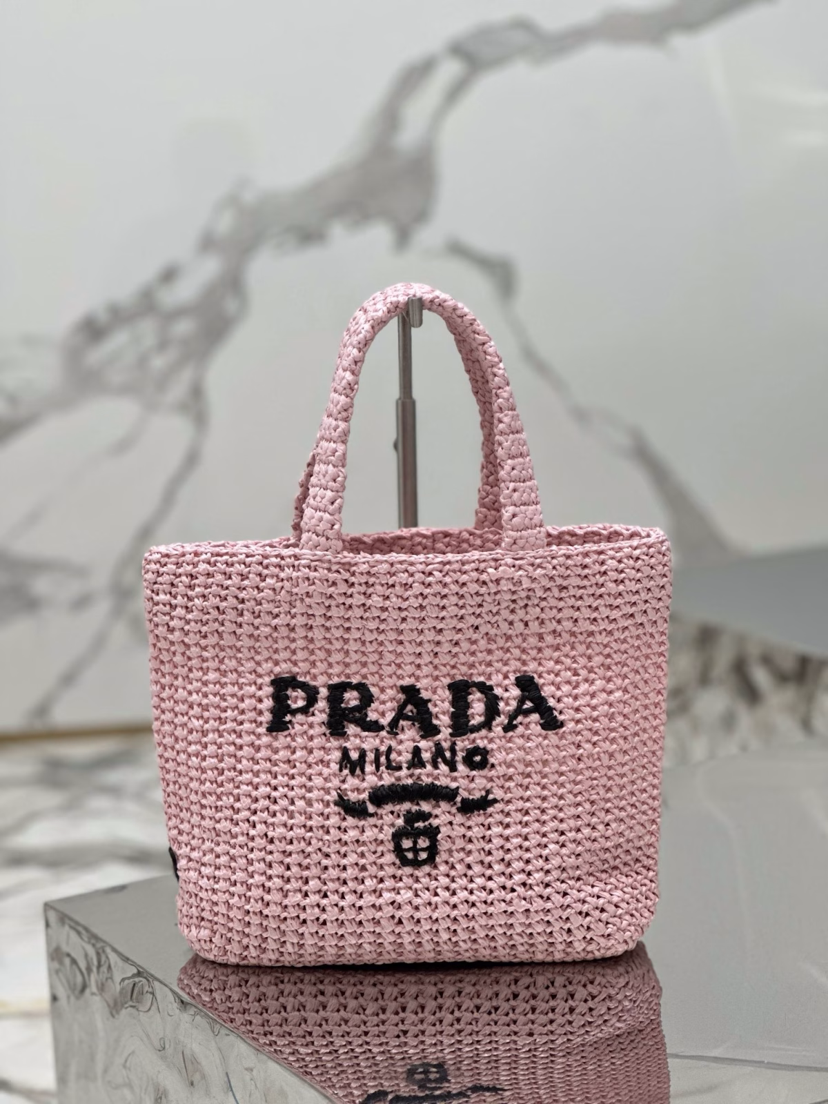 Prada Small Crochet Tote Bag in Pink Raffia-effect Yarn - Image 6