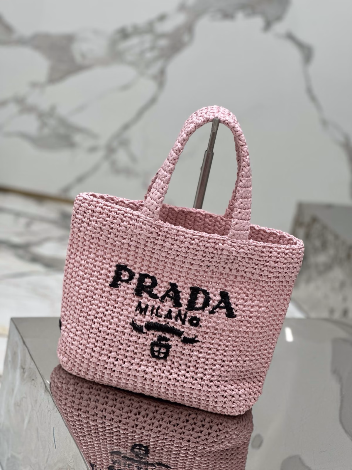 Prada Small Crochet Tote Bag in Pink Raffia-effect Yarn - Image 7