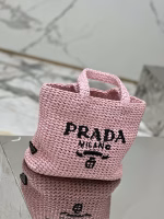 Prada Small Crochet Tote Bag in Pink Raffia-effect Yarn - Image 8