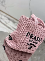 Prada Small Crochet Tote Bag in Pink Raffia-effect Yarn - Image 9