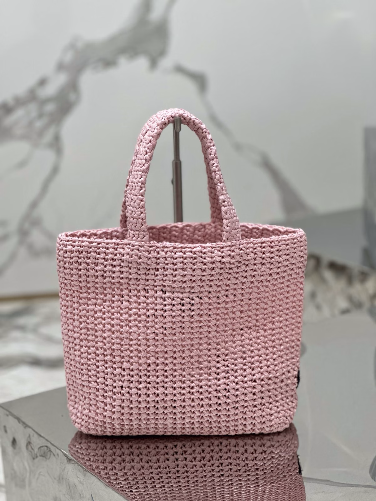Prada Small Crochet Tote Bag in Pink Raffia-effect Yarn - Image 2