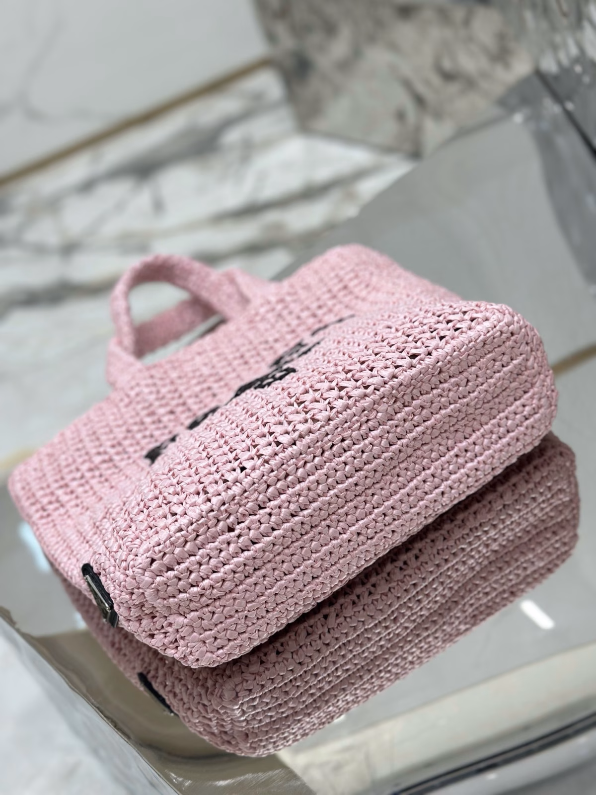 Prada Small Crochet Tote Bag in Pink Raffia-effect Yarn - Image 3