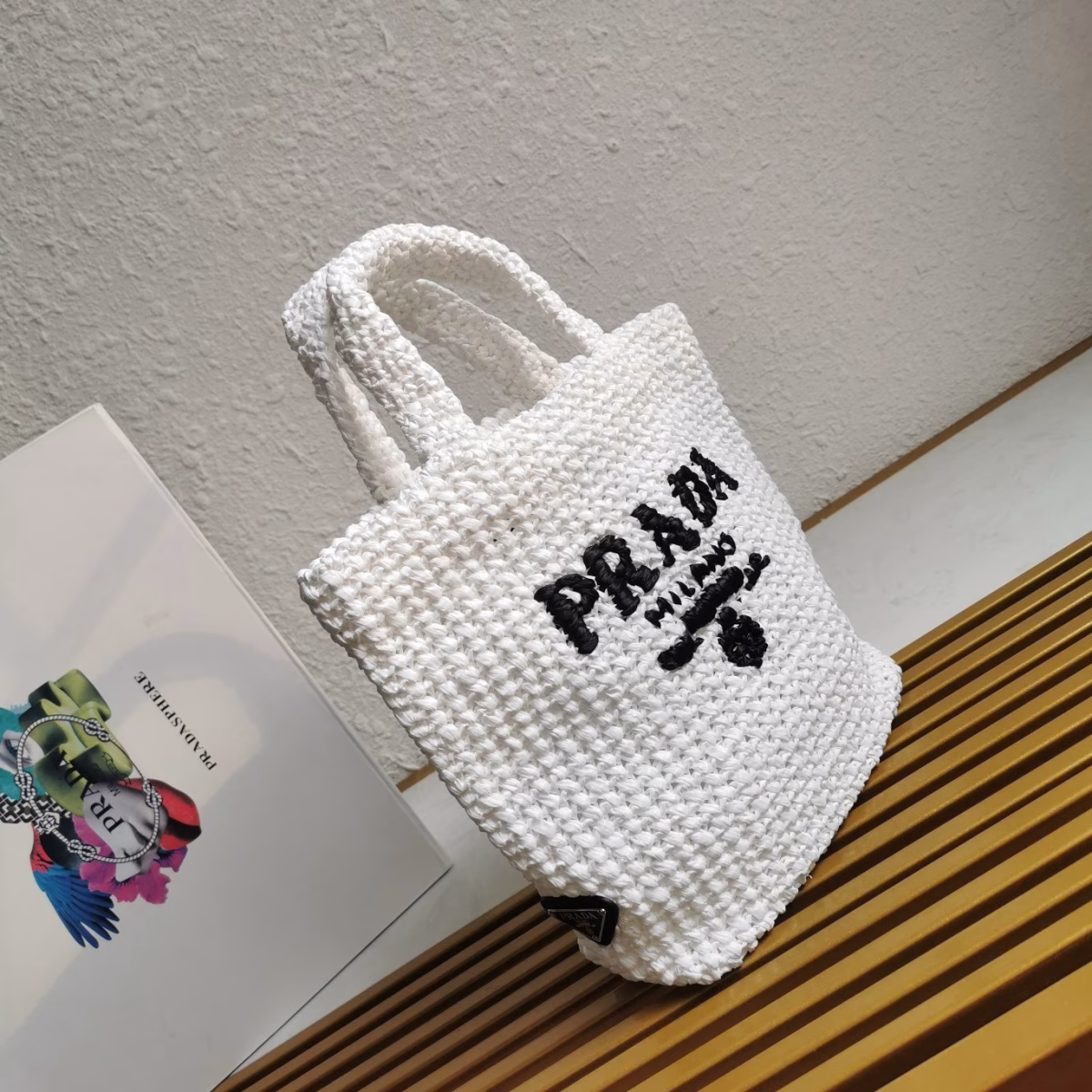 Prada Small Crochet Tote Bag in White Raffia-effect Yarn - Image 5