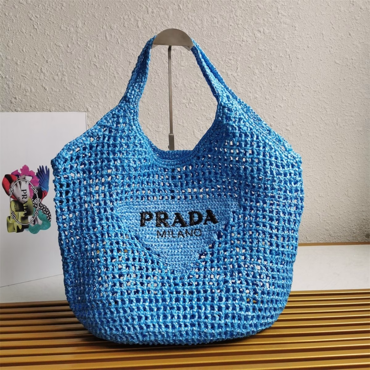 Prada Large Tote Bag In Blue Woven Raffia - Image 6