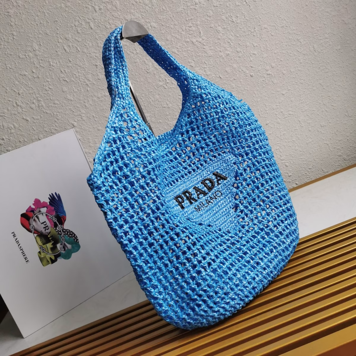 Prada Large Tote Bag In Blue Woven Raffia - Image 8