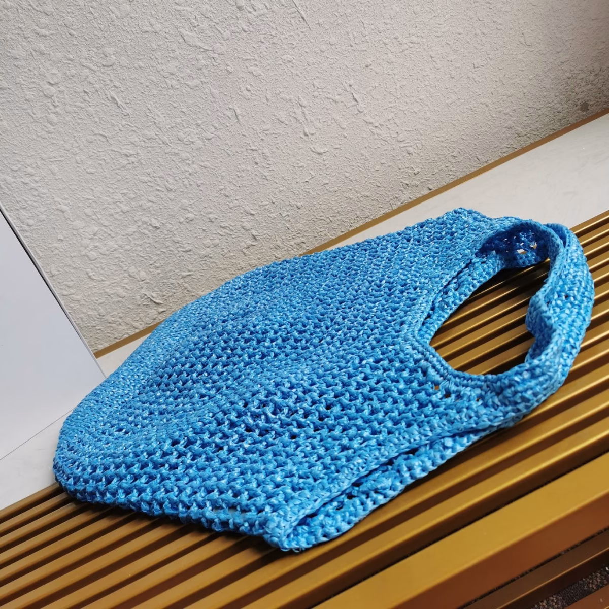 Prada Large Tote Bag In Blue Woven Raffia - Image 2