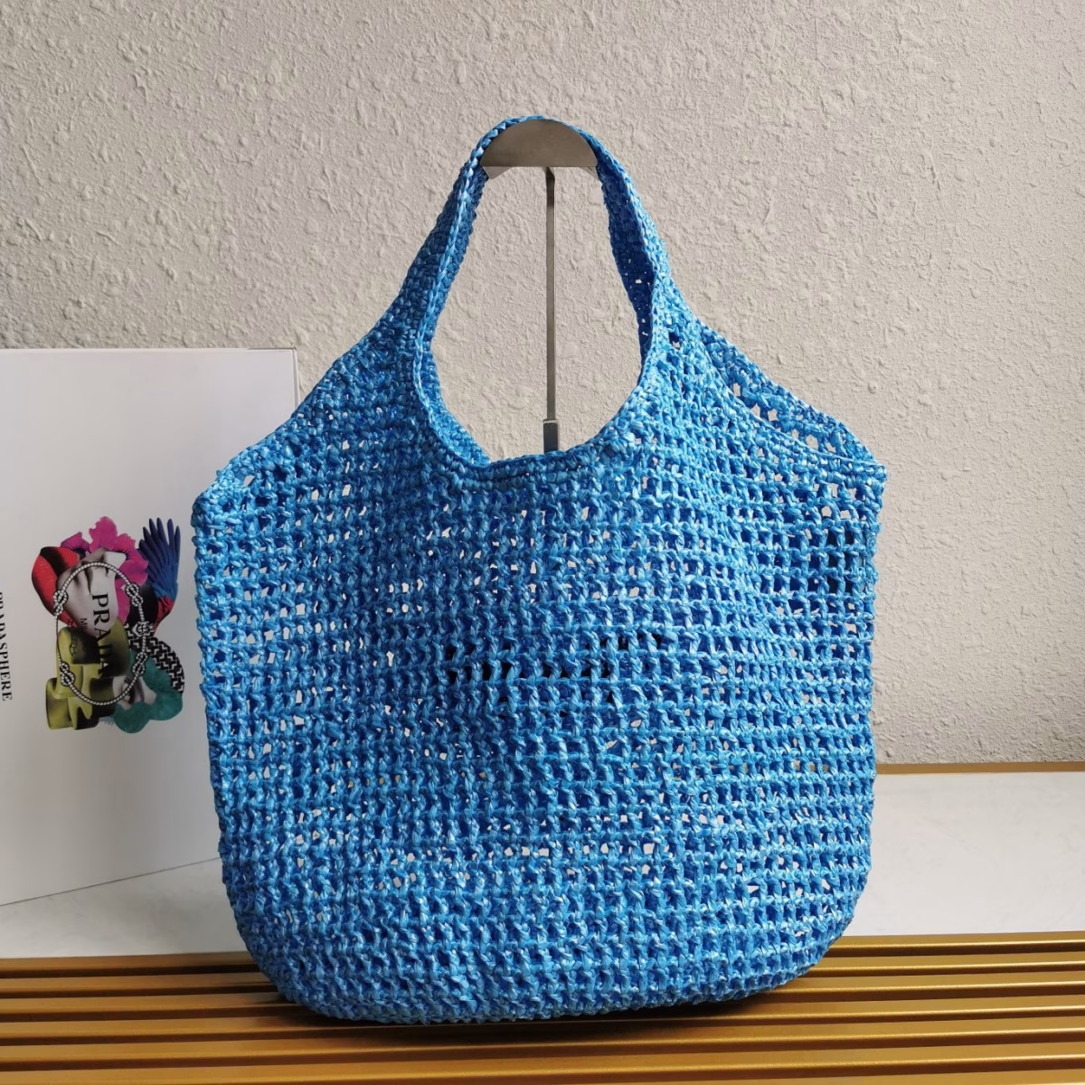 Prada Large Tote Bag In Blue Woven Raffia - Image 10