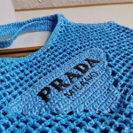Prada Large Tote Bag In Blue Woven Raffia - Image 5